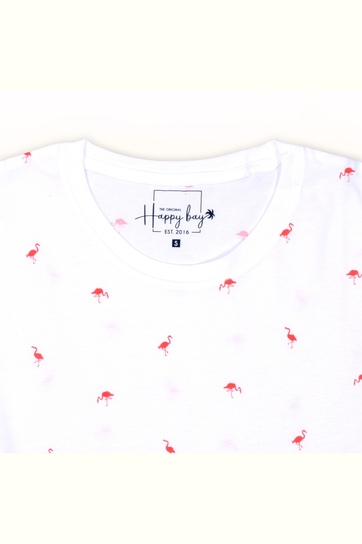 Happy Bay White Flamingoes T-shirt – Classic crew neck design. Get your tropical vibes now!